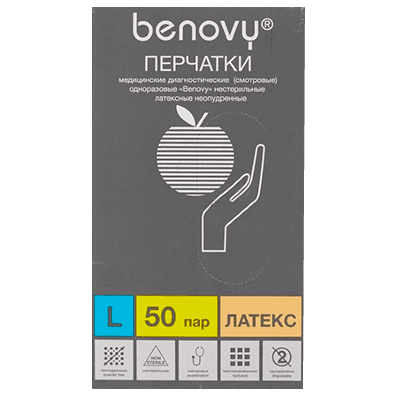 Перчатки смотровые латекс нестер Benovy/Бенови неопудр текстур р.L(8-9) 1 пара