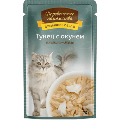 Деревенские лакомства Корм влажный для кошек тунец/окунь в желе пауч 70г